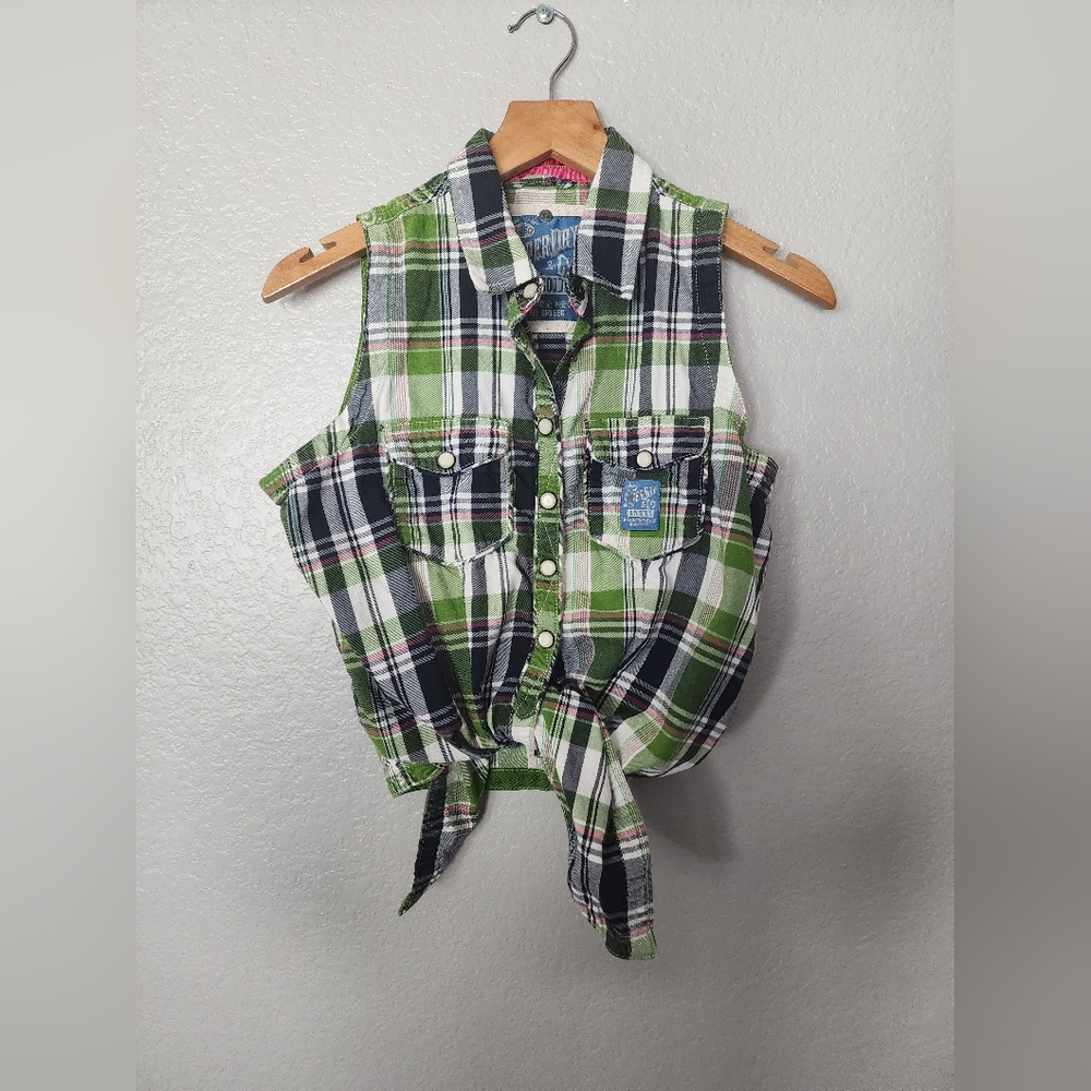 Superdry & Co Tie Front Button Up Flannel Top
